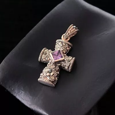 Vintage Amethyst Marcasite 925 Sterling Silver Pendant Cross Marked 'FAS 925' • $17.09