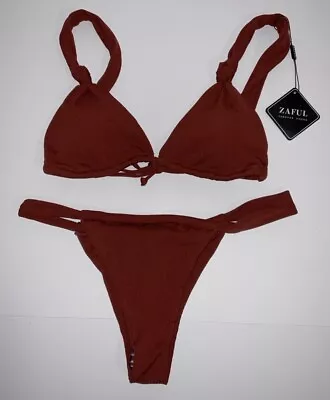 NWT Women’s Zaful Ribbed Bikini Swimsuit Set Knotted Straps - Coffee - Large • $16