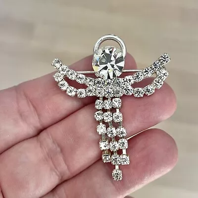 Vintage Eisenberg Ice Rhinestone Dangle Angel Brooch Pin Silver Tone Halo • $26