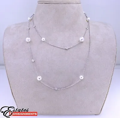 Mikimoto Cultured Pearl Diamond 18K White Gold Station Necklace • $2995