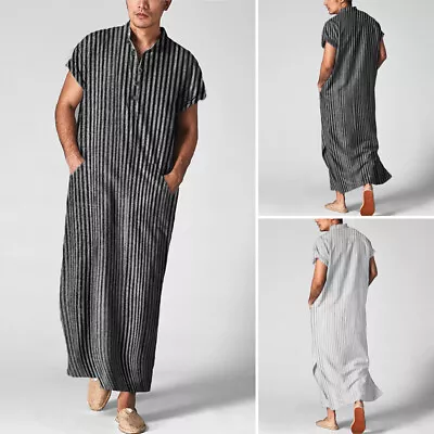 Fashion Mens Muslim Short Sleeve Striped Thobe Saudi Arab Islamic Jubba Kaftan • $22.71