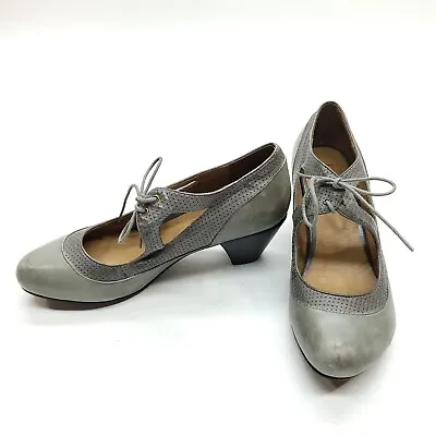 Miz Mooz Marion Shoes Women Size 7 Gray Mary Jane Low Block Heel Lace Up Leather • $58.88