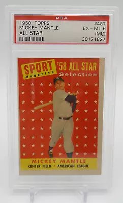 1958 Topps Baseball Mickey Mantle #487 All Star Card - PSA 6 - C115 • $299.99