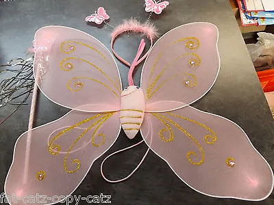 Girls Fancy Dress Butterfly Angel Wings Costume Headband & Wand Set Blue Or Pink • £5.95