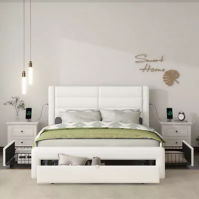 Queen Size Bed Frame With Drawers Leather Platform With Charging Station • $476.66