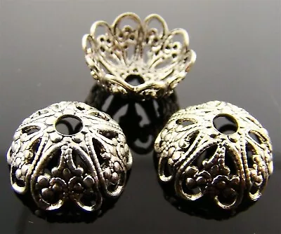 12 VINTAGE FANCY FILIGREE SILVER PLATED BRASS 13mm. ROUND BEAD CAPS 2394 • $2.25