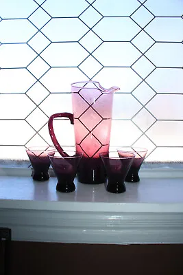 Vintage Mid Century Martini Pitcher & Glasses Purple Glass 1960s • $85