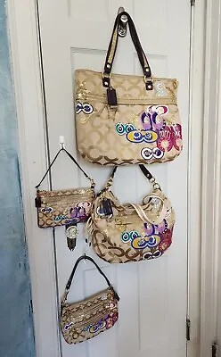 Coach Rare Poppy Glam Tote/hobo/wristlet/pouch Limited Edition Set 15307 15311 • $300