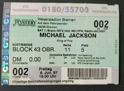 Michael Jackson Ticket Weserstadion Bremen 06/06/97 History Tour • £30