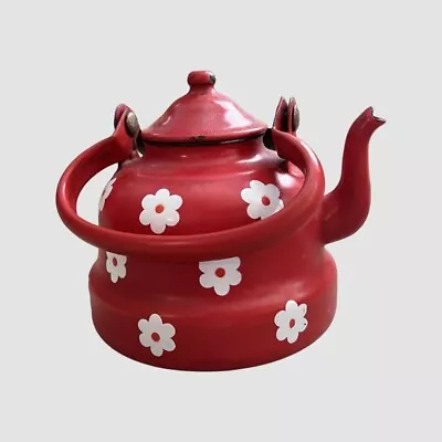 Red Vintage Enamel Small Teapot Floral Print Made In Yugoslavia 14 • $35