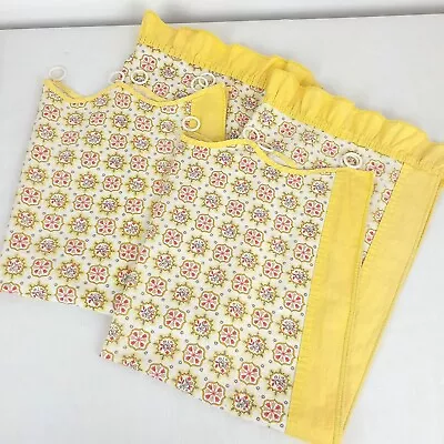 Vintage Pair Of Ringed Cafe Curtains Yellow Gold Orange Flowers MCM Cottage Core • $45