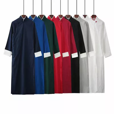 Mens Chinese Robe Kungfu Taiji Long Coats Gown Casual Retro Outwear Cross Talk • $28.90