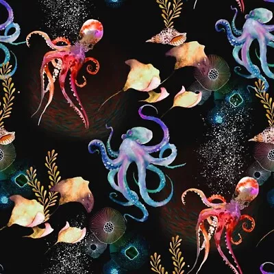 Fat Quarter - Octopus Obsessed: Octopus On Black Cotton Fabric • $3.64