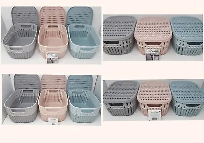 £7.69 • Buy 2 Tone Knit Design Carrier Storage Baskets With Lids 3.5L 18x23.8x12cm 3 Colours