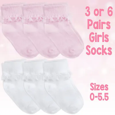 £5.49 • Buy Baby & Girls Socks Soft Breathable Cotton Rich Cute Frilly Lace In 3 & 6 Bundle