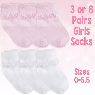 Baby & Girls Socks Soft Breathable Cotton Rich Cute Frilly Lace In 3 & 6 Bundle • £3.49