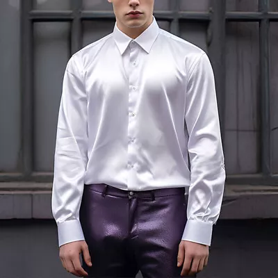 Men Shiny Shirt Silk Satin Shirt Casual Slim Fit Business Wedding Party Shirts • £12.99
