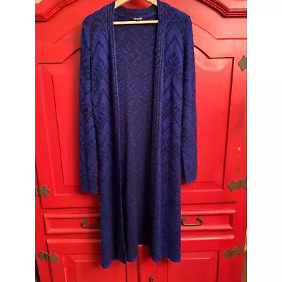 Hannah Sze L Royal Blue Aztec Tribal Print Light Long Cardigan Sweater Tunic EUC • $17.99