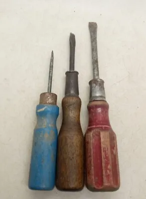 Vintage Wood Wooden Handle Slotted Head Screwdriver Lot Of 3 • $15