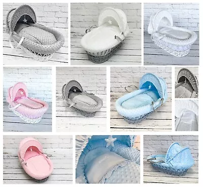 £49.99 • Buy Luxury Moses Basket Wicker With Padded Dimple Soft Baby Bedding Set And Mattress