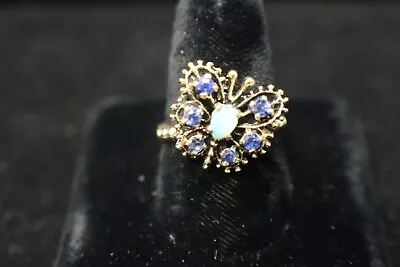 14K Vintage Yellow Gold Butterfly Ring Center Opal And Six Sapphires - Size 7.5 • $250
