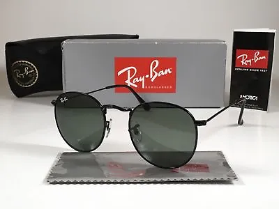 $109.99 • Buy Ray-Ban Round Metal Sunglasses Black Frame Green G-15 Lens RB3447 002 50mm