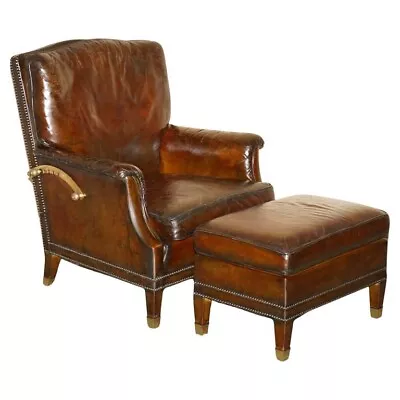 Restored Continental Hand Dyed Brown Leather Library Recliner Armchair & Ottoman • £2950