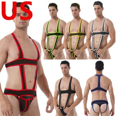 US Mens Bodysuits One Piece Body Chest Harness Leotard Bulge Pouch Jock Straps • $11.95