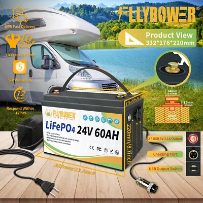 FLLYROWER 24V Lithium 60Ah Battery LiFePO4 For Marine Trolling Motor RV Solar • $254.10