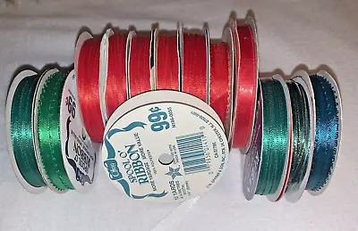 Satin Ribbon Lot Of 13 Red Green Teal Varied Widths Christmas Craft Offray Spool • $12.50