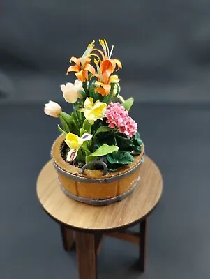 OOAK Artist Made Dollhouse Miniature Flowers & Plants In Wooden Tub Barrel 1:12 • $75