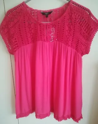 £11 • Buy NEXT  Top, Pink With Crochet Neckline & Fringe Detail*cool & Pretty*size 10**NWT