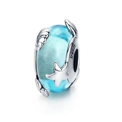 $27.99 • Buy S925 Sterling Silver Aqua Blue Starfish Murano Glass Charm -YOUnique Designs