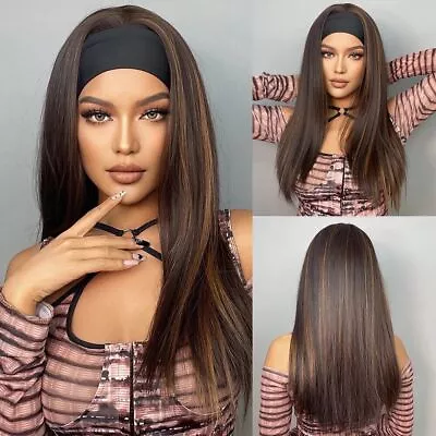 Long Golden Brown Highlight Headband Wigs Synthetic Straight Hair Wig For Women • $19.19