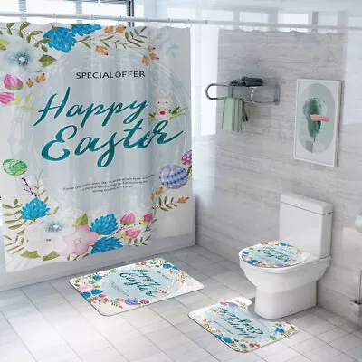 Easter Eggs Rabbit Flowers Shower Curtain Toilet Lid Cover Bath Mat Rug Set New • $10.99