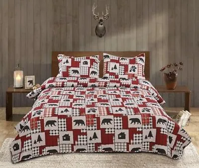 Moose Lodge Quilt Set Size (96 X 106in.) Bear Pine Trees Printed King Red Plaid • $56.09