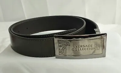 Versace Collection Brown Leather Belt W/ Signature Buckle Half Medusa Head • $190