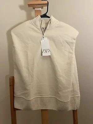 ZARA OVERSIZE PLUSH GILET WITH SHOULDER PADS ECRU SIZE Small NWT • $39.99