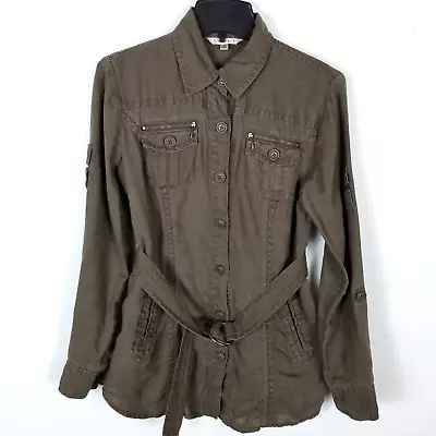 CAbi Women Utility Sahara Jacket Linen Size M Khaki Brown #856 Button Front Belt • $33.99