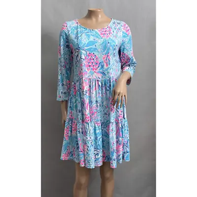 Lilly Pulitzer Dress Women S Geanna Swing Tiered 3/4 Sleeve Zanzibar Blue Print • $39.99