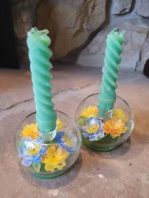 Vintage Pair Of Glass Candle Holders With Plastic Flowers Inside Hong Kong • $3.95