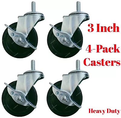 3 Inch Rubber Caster Wheels Heavy Duty 3/8  Stem Swivel Caster With Safety Brake • $19.50