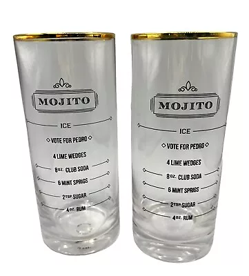 Set Of 2 Mojito Recipe Cocktail Drinking Glasses Clear Black Gold Rim 8.5 Inches • $14.99