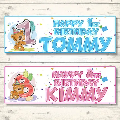 £3.85 • Buy 2 Personalised Happy Birthday Bear Banners - Ages 1 - 8 Years - Boy/girl