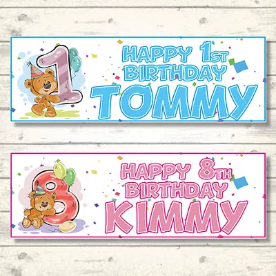 2 Personalised Happy Birthday Bear Banners - Ages 1 - 8 Years - Boy/girl • £3.19