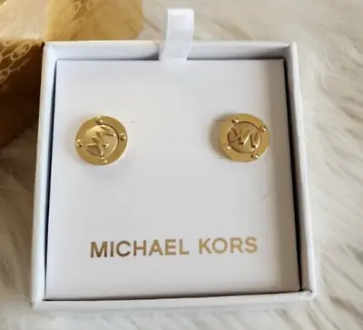 Michael Kors Gold Toned Logo Button Studs Earrings NEW In Box • $28.99