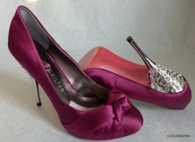£29 • Buy PARIS HILTON Magenta Satin Rhinestone Heel SPELLED Pump Shoe 6.5M