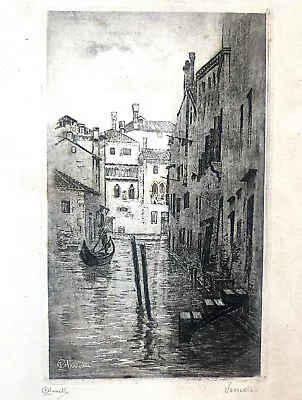 Antique Italian Etching By Luigi Olivetti Signed   Venezia  Gondolier In Venice • $195