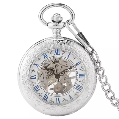 Pocket Watch Mechanical Hand Winding Blue Open Face With Chain Necklace • £21.99