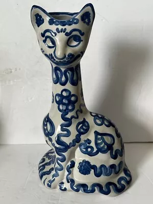 Vintage M. A. Hadley Stoneware Pottery 14.5  Tall Large Blue & White Cat Vase • $199.99